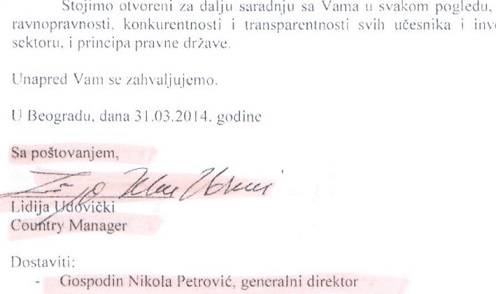 DOKUMENT: Pismo Lidije Udovički JP Elektromreža Srbijje 31.03.2014.
