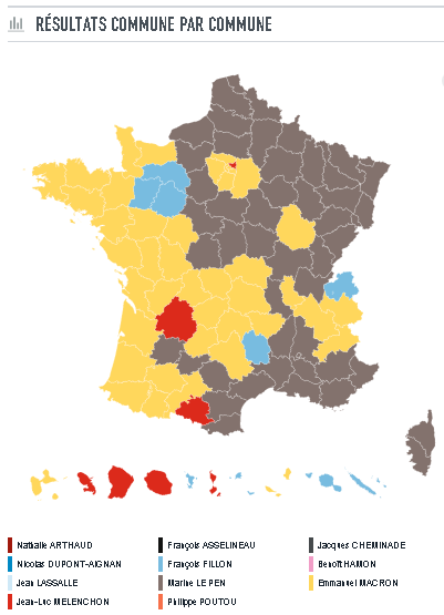 Geografski raspored glasova: za Makrona zapad Francuske, za Marin le Pen istok,  Sen Deni u Parizu - baza Melanšona