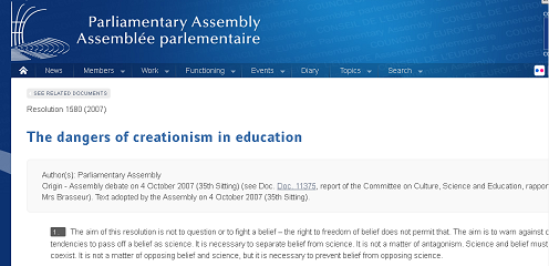 DOKUMENT: Rezolucija 1580 Parlamentarnog Saziva Saveta Evrope - Opasnosti od  kreacionizma u obrazovanju